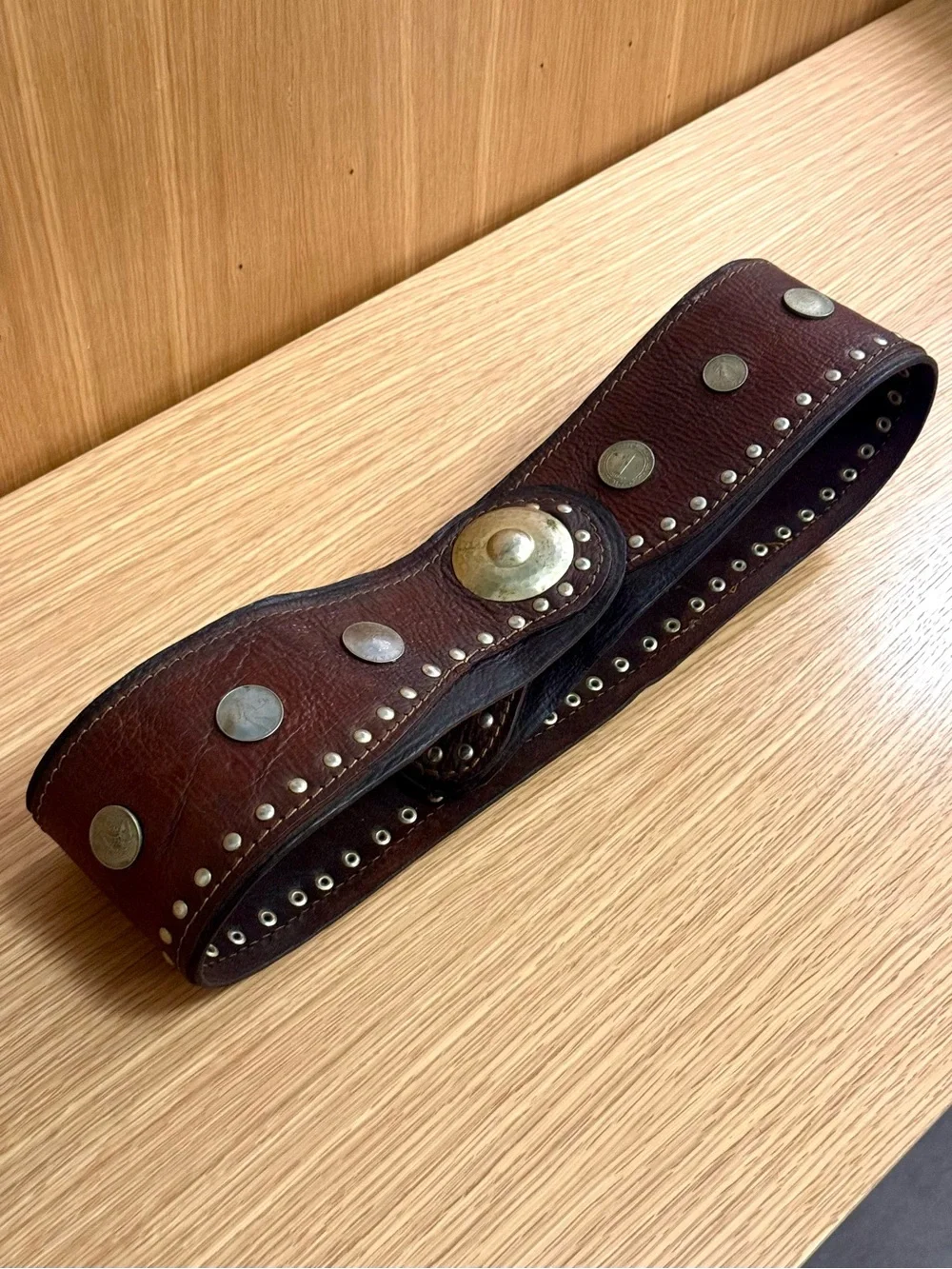 Vintage 1970s Coin-Studded Wide Leather Waist Belt w/ Brass Accent, Men’s XL